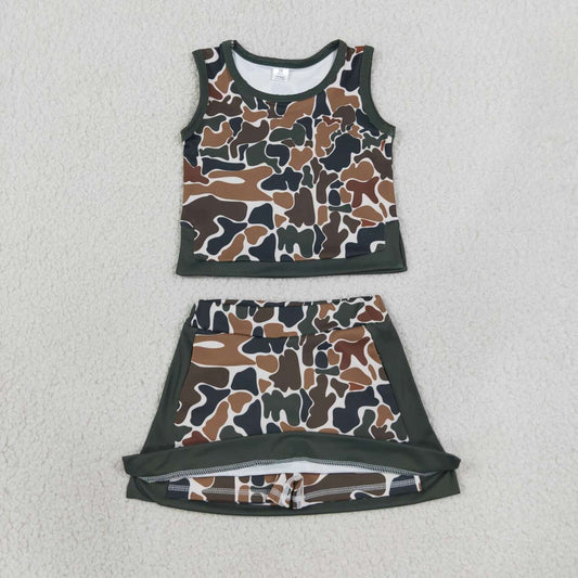 GSD4233 Dark Brown Camo Tank Top Skort Girls Yoga Clothes Set