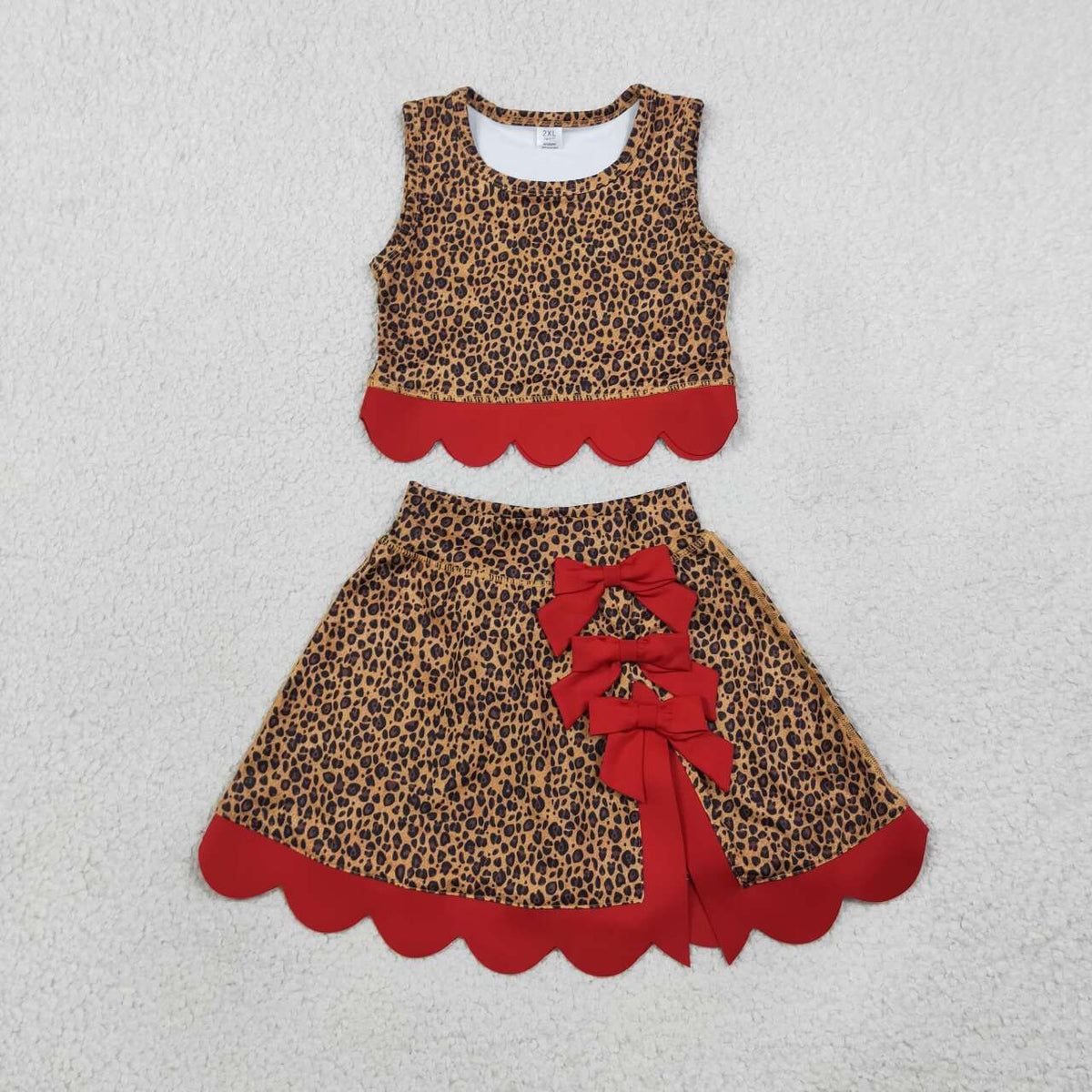GSD4234 Leopard Red Bows Girls Summer Scallop Yoga Clothes Set