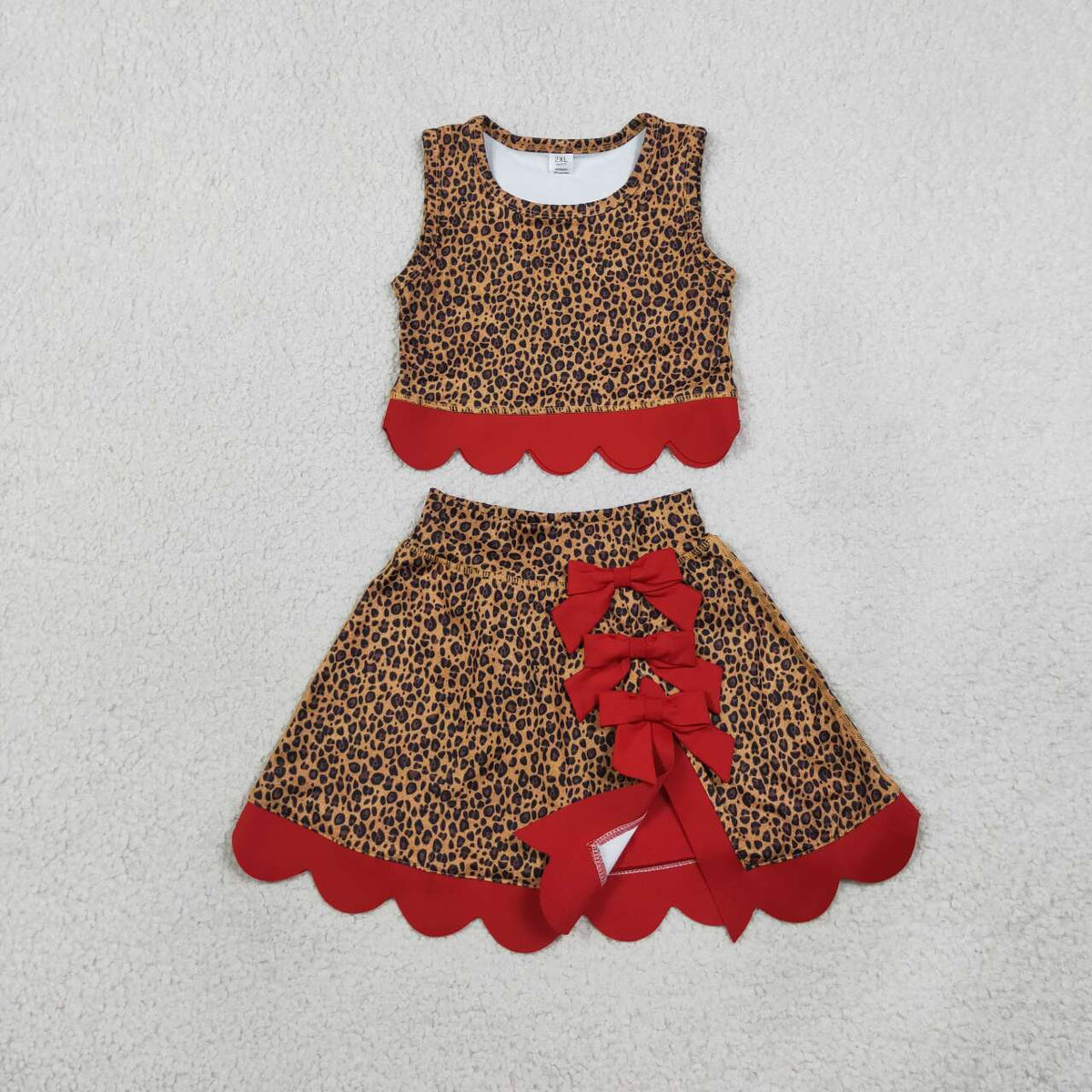 GSD4234 Leopard Red Bows Girls Summer Scallop Yoga Clothes Set
