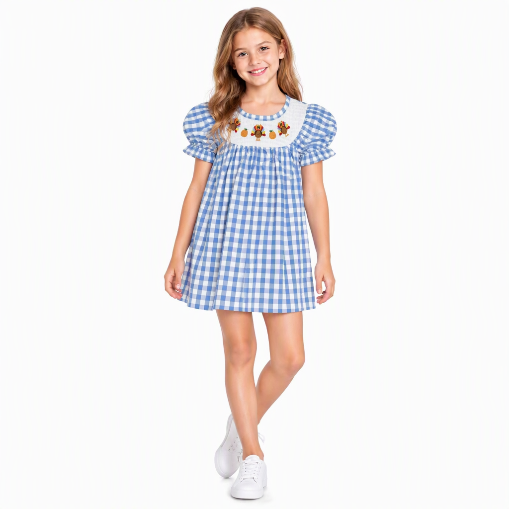 GSD4250 Turkey Pumpkin Embroidery Blue Plaid Print Girls Thanksgiving Smocked Dress