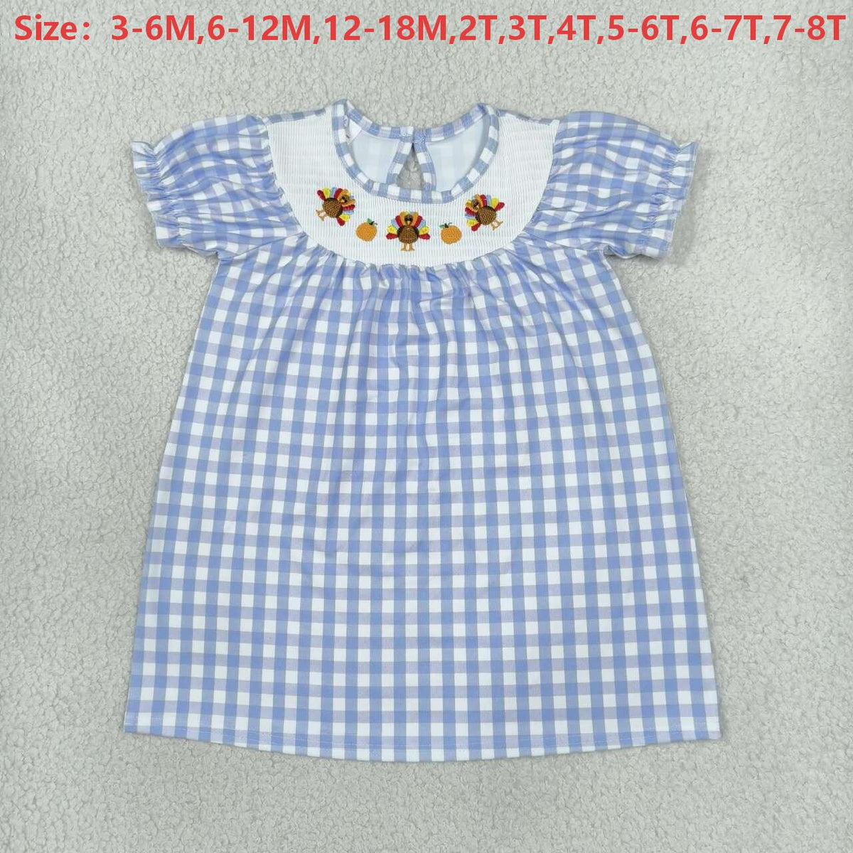 GSD4250 Turkey Pumpkin Embroidery Blue Plaid Print Girls Thanksgiving Smocked Dress