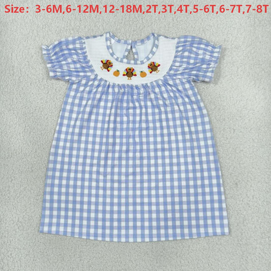 GSD4250 Turkey Pumpkin Embroidery Blue Plaid Print Girls Thanksgiving Smocked Dress