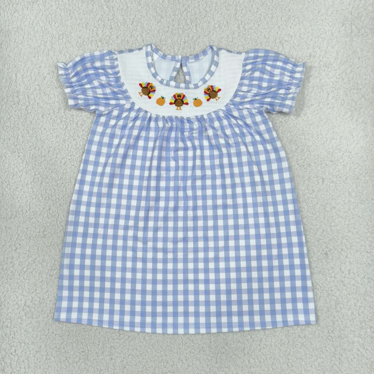 GSD4250 Turkey Pumpkin Embroidery Blue Plaid Print Girls Thanksgiving Smocked Dress