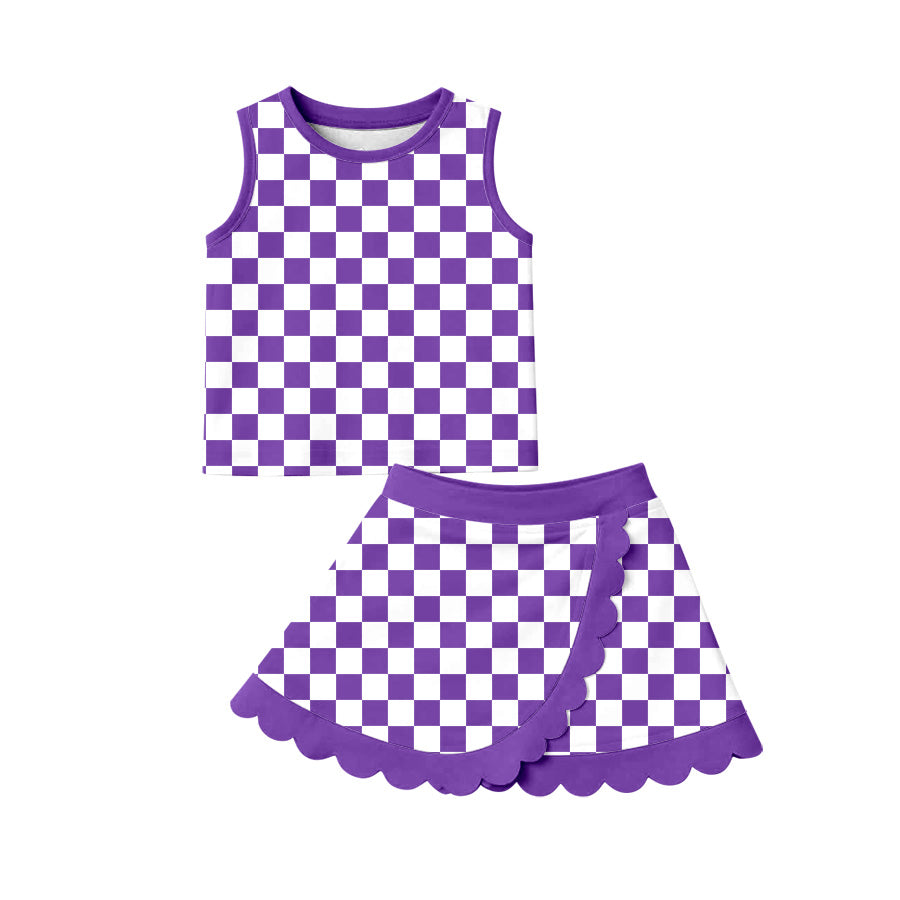 6.19 Preorder GSD4251 Teams Purple Plaid Tank Top Scallop Skort Girls Summer Yoga Clothes Set