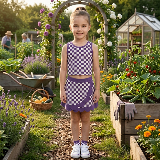 GSD4251 Teams Purple Checkered Tank Top Scallop Edge Skort Girls Active Clothes Yoga Outfits