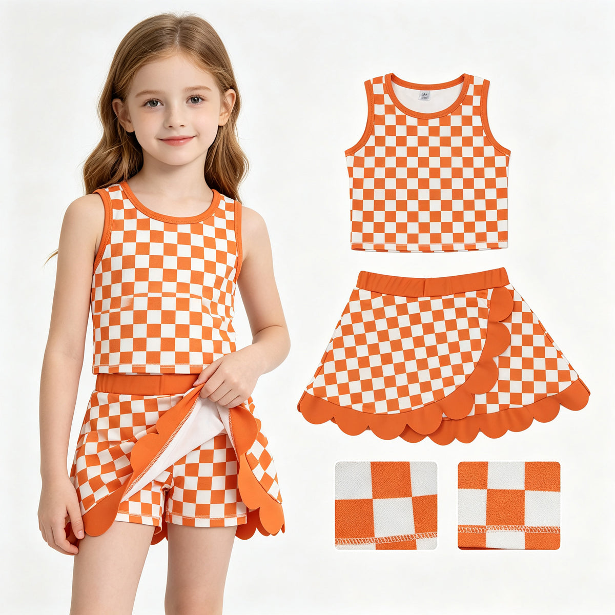 GSD4252 Orange Checkered Tank Top Scallop Edge Skort Girls Active Clothes Yoga Outfits