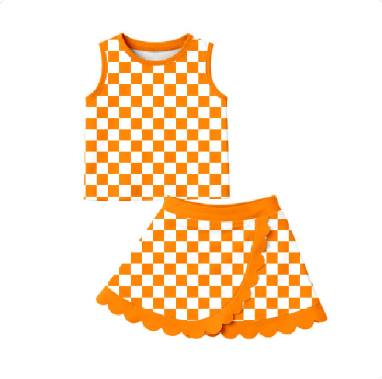 6.19 Preorder GSD4252 Teams Orange Plaid Tank Top Scallop Skort Girls Summer Yoga Clothes Set