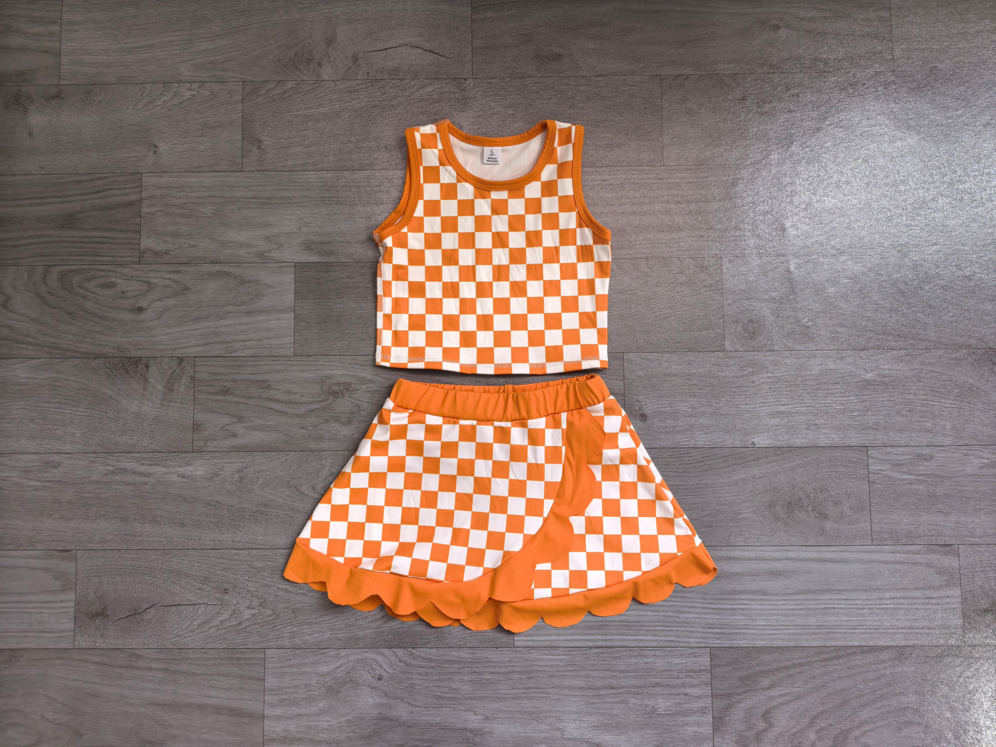 6.19 Preorder GSD4252 Teams Orange Plaid Tank Top Scallop Skort Girls Summer Yoga Clothes Set