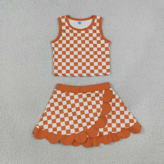 GSD4252 Orange Checkered Tank Top Scallop Edge Skort Girls Active Clothes Yoga Outfits