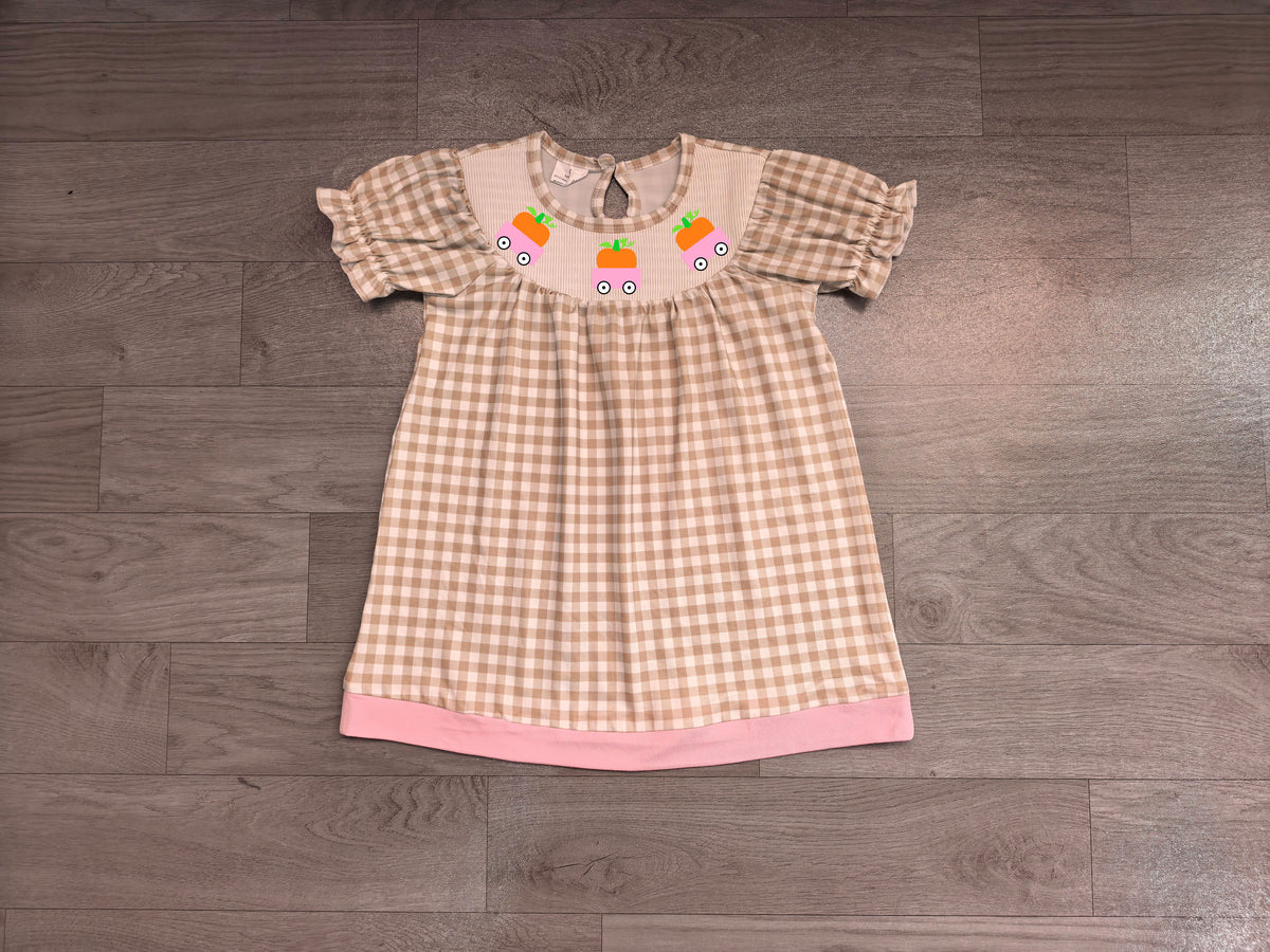 6.19 Baby Girls Pumpkin Truck Gingham Short Sleeve Dress Preorder