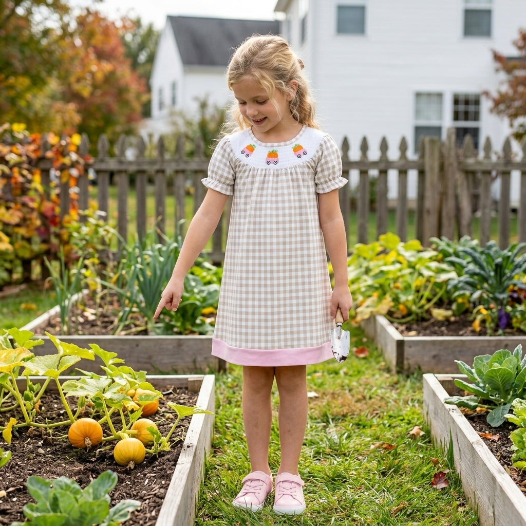 GSD4258 Pumpkin Embroidery Checkered Print Girls Knee Length Smocked Dress
