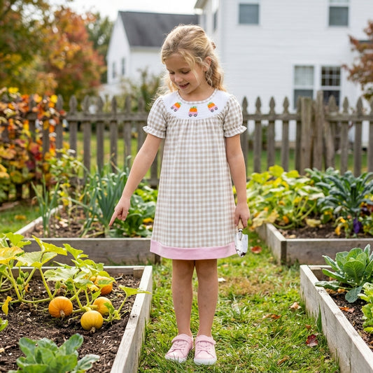 GSD4258 Pumpkin Embroidery Checkered Print Girls Knee Length Smocked Dress