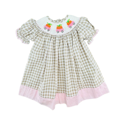 6.19 Baby Girls Pumpkin Truck Gingham Short Sleeve Dress Preorder