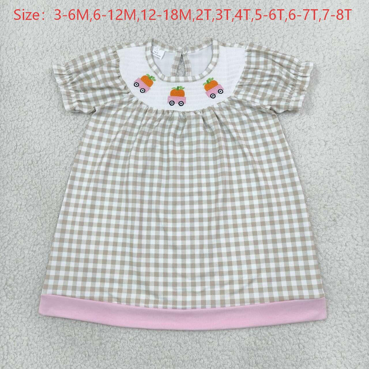 GSD4258 Pumpkin Embroidery Checkered Print Girls Knee Length Smocked Dress
