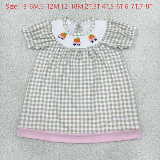GSD4258 Pumpkin Embroidery Checkered Print Girls Knee Length Smocked Dress