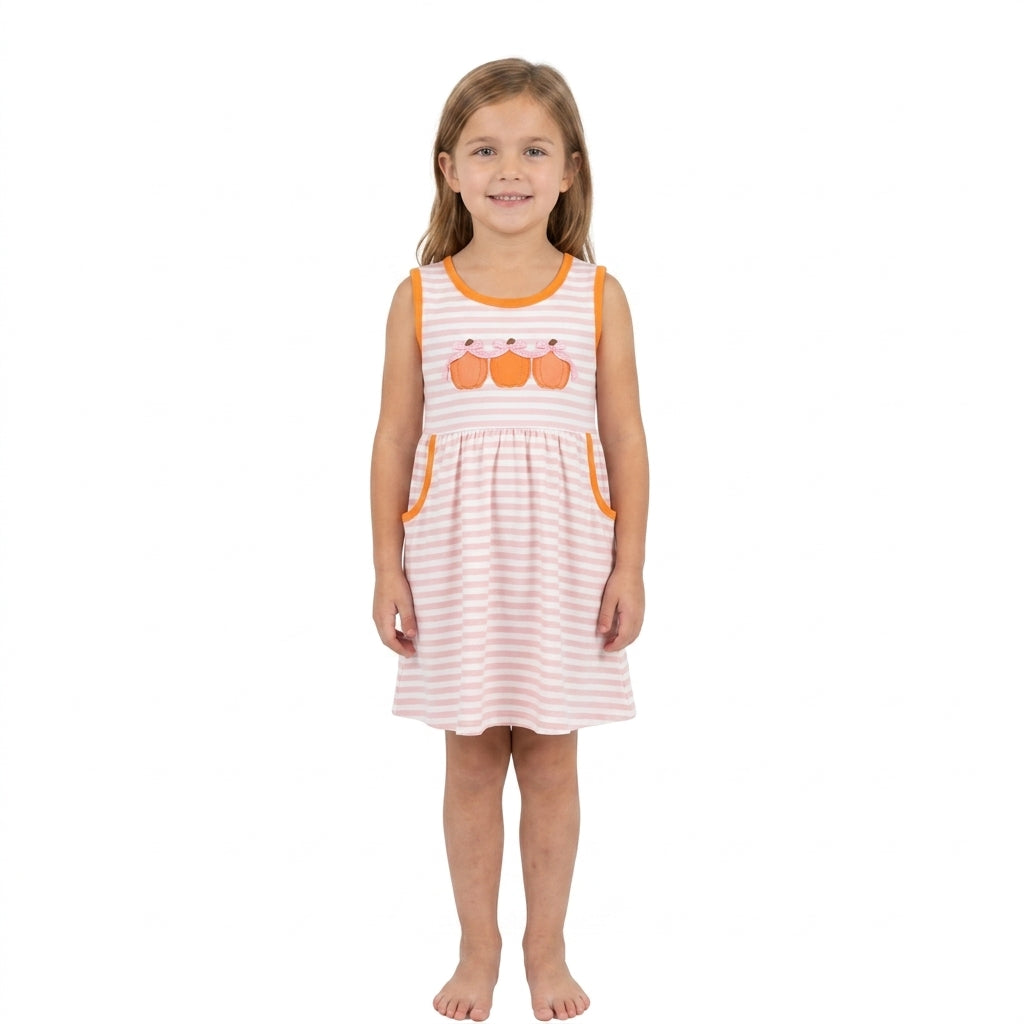GSD4265 Pumpkin Embroidery Pink Stripes Print Pockets Girls Sleeveless Dress