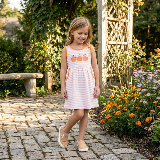 GSD4265 Pumpkin Embroidery Pink Stripes Print Pockets Girls Sleeveless Dress