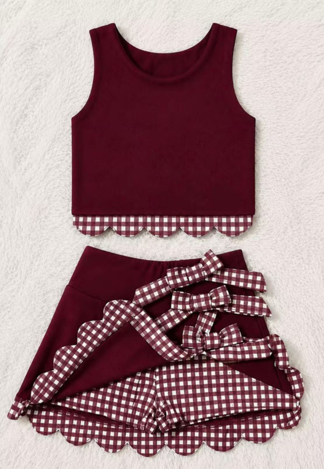 7.6 Preorder  Girls Burgundy Gingham Scallop Trim Tank & Multi Bow Layered Skort Set