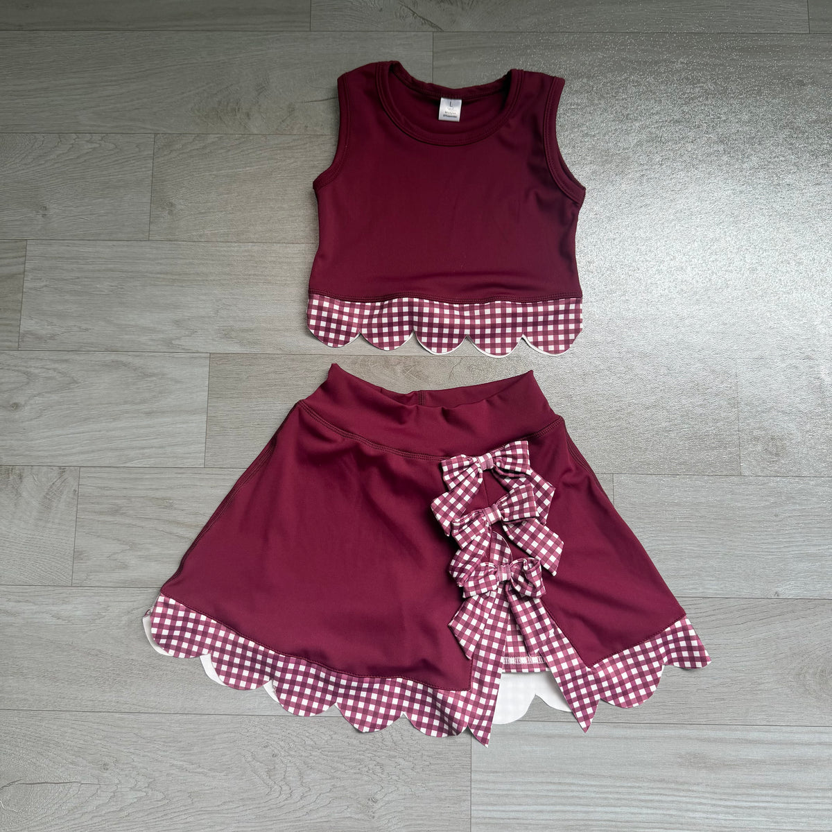 7.6 Preorder GSD4266 Girls Burgundy Gingham Scallop Trim Tank & Multi Bow Layered Skort Set
