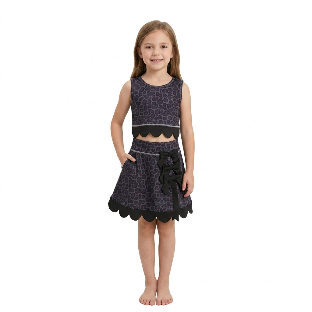 GSD4268  Black Leopard Bows Girls Summer Scallop Yoga Clothes Set
