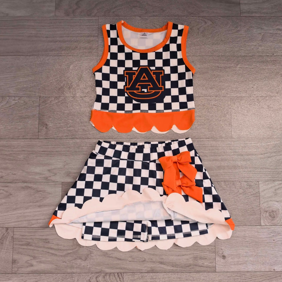 7.15 Preorder GSD4281 Kids Girls Auburn Navy Checked Orange Bow Skort Active Outfit