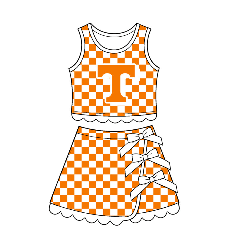 7.15 Preorder  Kids Girls Tennessee Orange Checked White Bow Skort Active Outfit