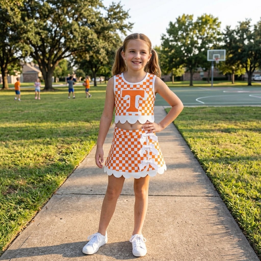 GSD4282 Teams Tennessee Orange Checked White Bow Skort Girls Active Outfit