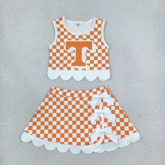 GSD4282 Teams Tennessee Orange Checked White Bow Skort Girls Active Outfit