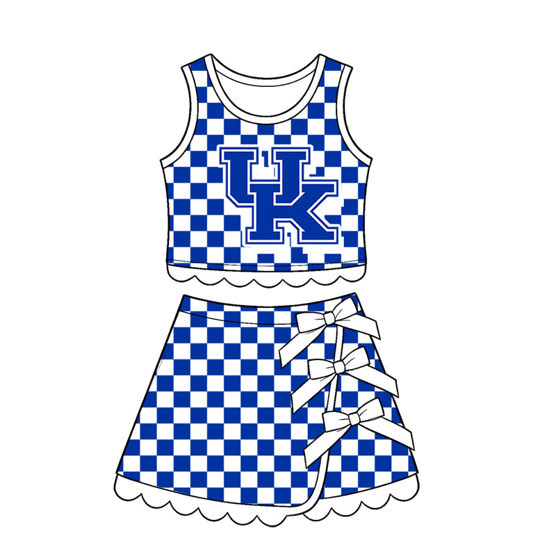 7.15 Preorder  Kids Girls UK Blue Checked Tank Top White Bow Skort Active Outfit