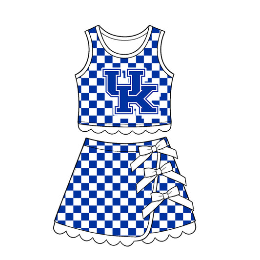 7.15 Preorder  Kids Girls UK Blue Checked Tank Top White Bow Skort Active Outfit