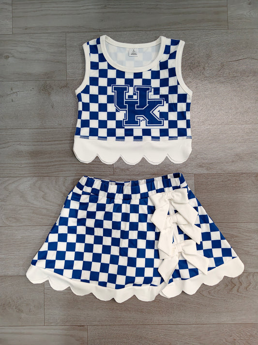 7.15 Preorder  Kids Girls UK Blue Checked Tank Top White Bow Skort Active Outfit