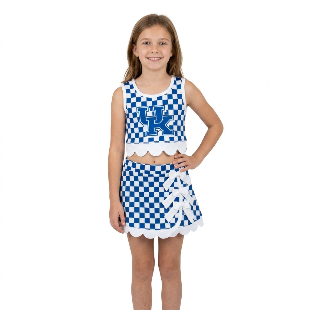 GSD4283 Girls Teams Kentucky UK Blue Checked Tank Top White Bow Skort Active Outfit