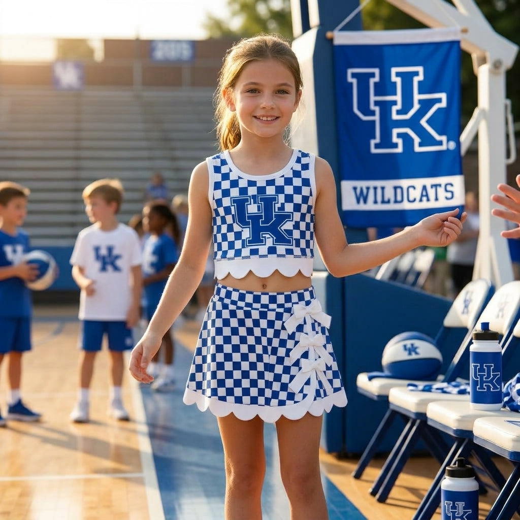 GSD4283 Girls Teams Kentucky UK Blue Checked Tank Top White Bow Skort Active Outfit