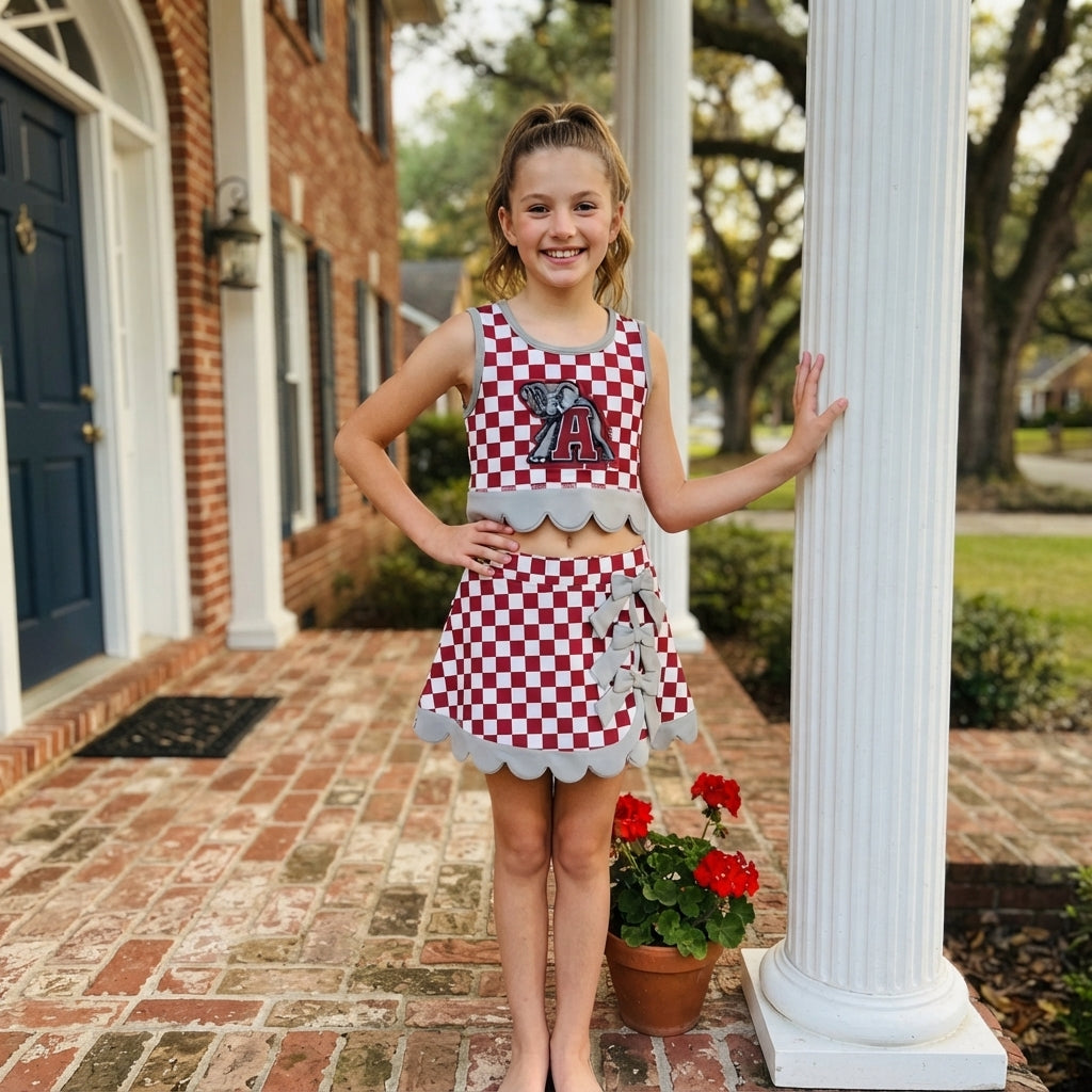 GSD4284 Teams Girls Alabama Checked Tank Top Black Bows Skort Active Outfits