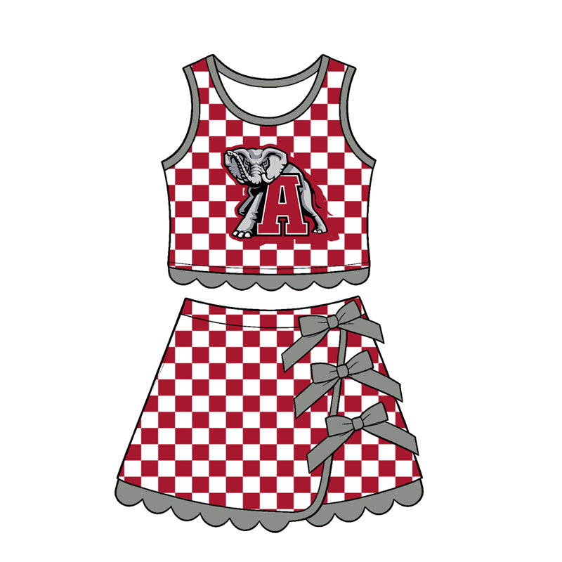 7.15 Preorder  Kids Girls Alabama Red Checked Tank Top Grey Bow Skort Active Outfit