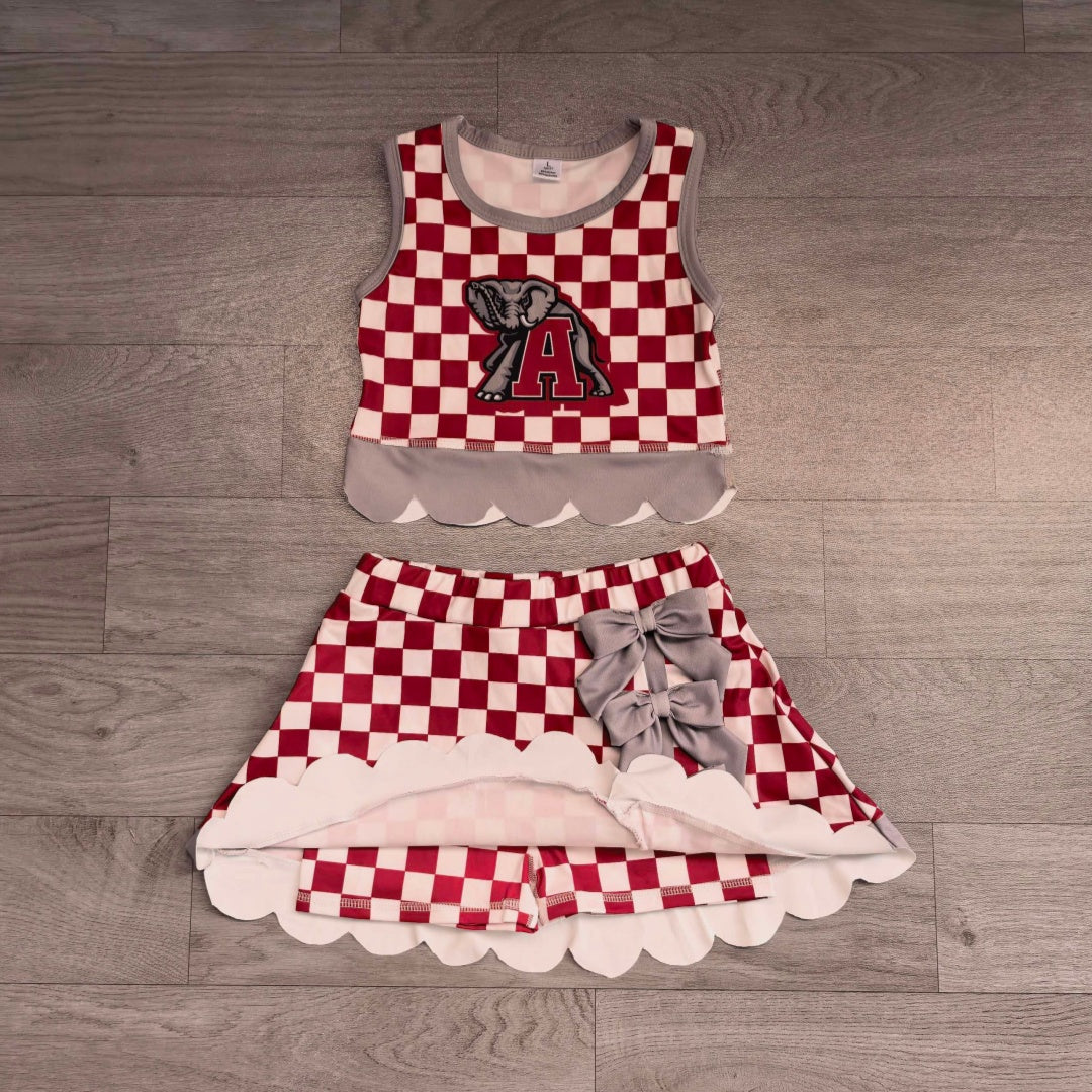 7.15 Preorder  Kids Girls Alabama Red Checked Tank Top Grey Bow Skort Active Outfit