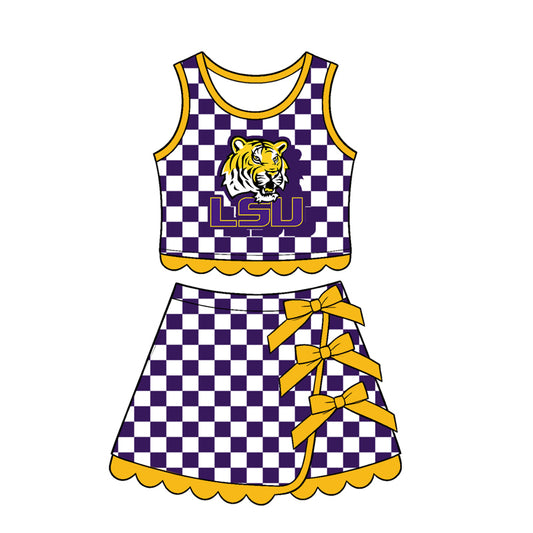 7.15 Preorder  Kids Girls LSU Purple Checked Tank Top Yellow Bow Skort Active Outfit