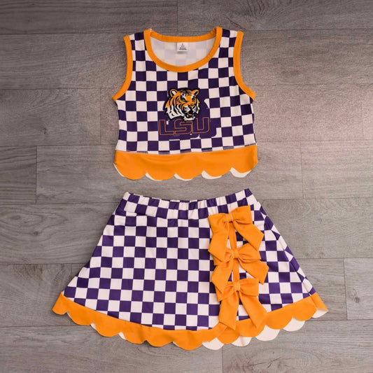 7.15 Preorder MOQ5 Kids Girls LSU Purple Checked Tank Top Yellow Bow Skort Active Outfit