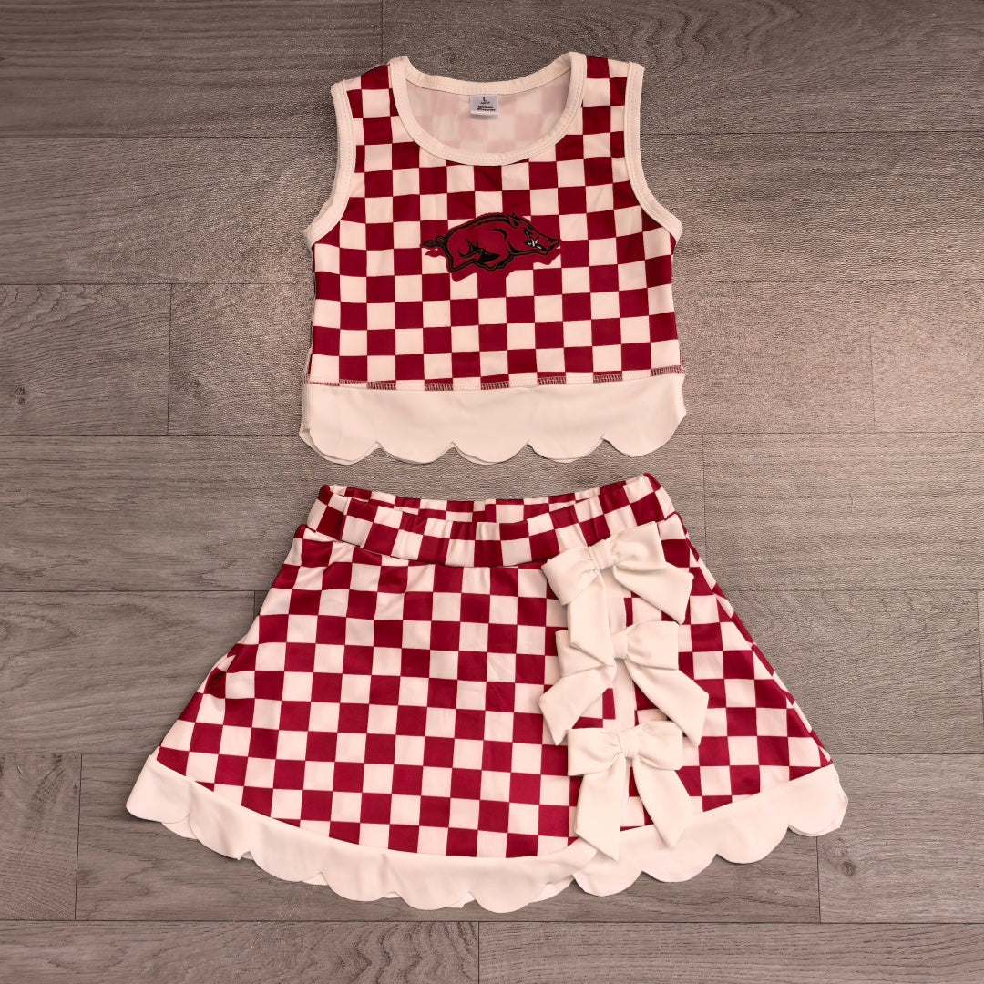 7.15 Preorder  Kids Girls  Arkansas Checked Tank Top White Bow Skort Active Outfit