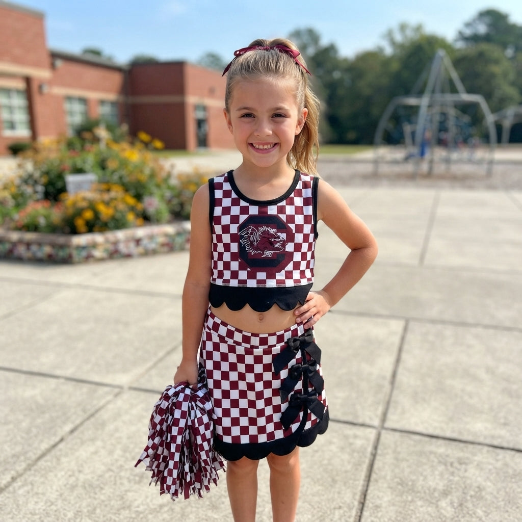 GSD4288 Teams Gamecocks Checkered Tank Top Black Bow Skort Girls Active Outfit