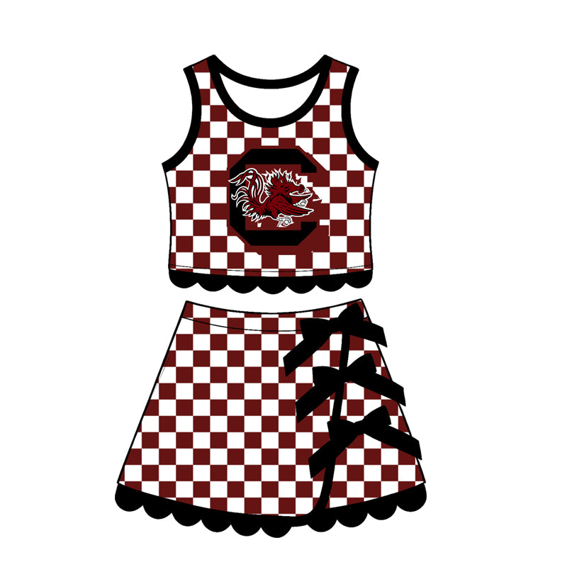 7.15 Preorder  Kids Girls Gamecocks Checked Tank Top Black Bow Skort Active Outfit