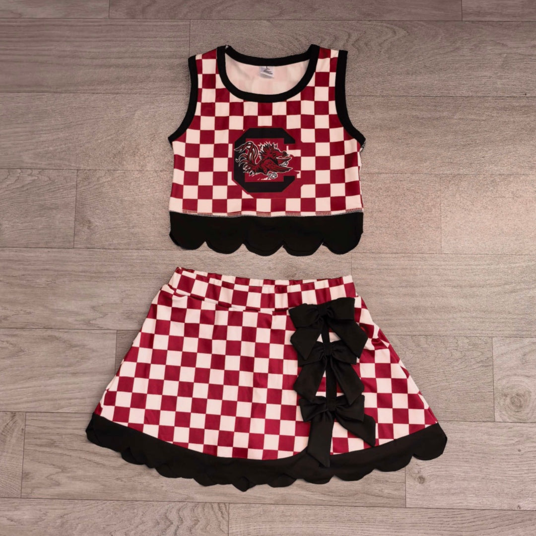 7.15 Preorder  Kids Girls Gamecocks Checked Tank Top Black Bow Skort Active Outfit