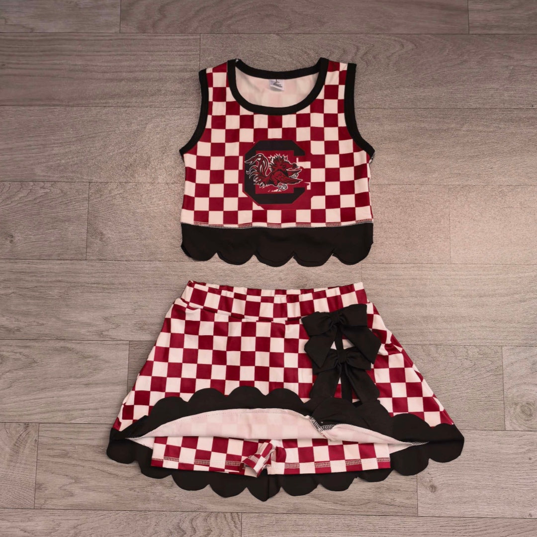 7.15 Preorder  Kids Girls Gamecocks Checked Tank Top Black Bow Skort Active Outfit