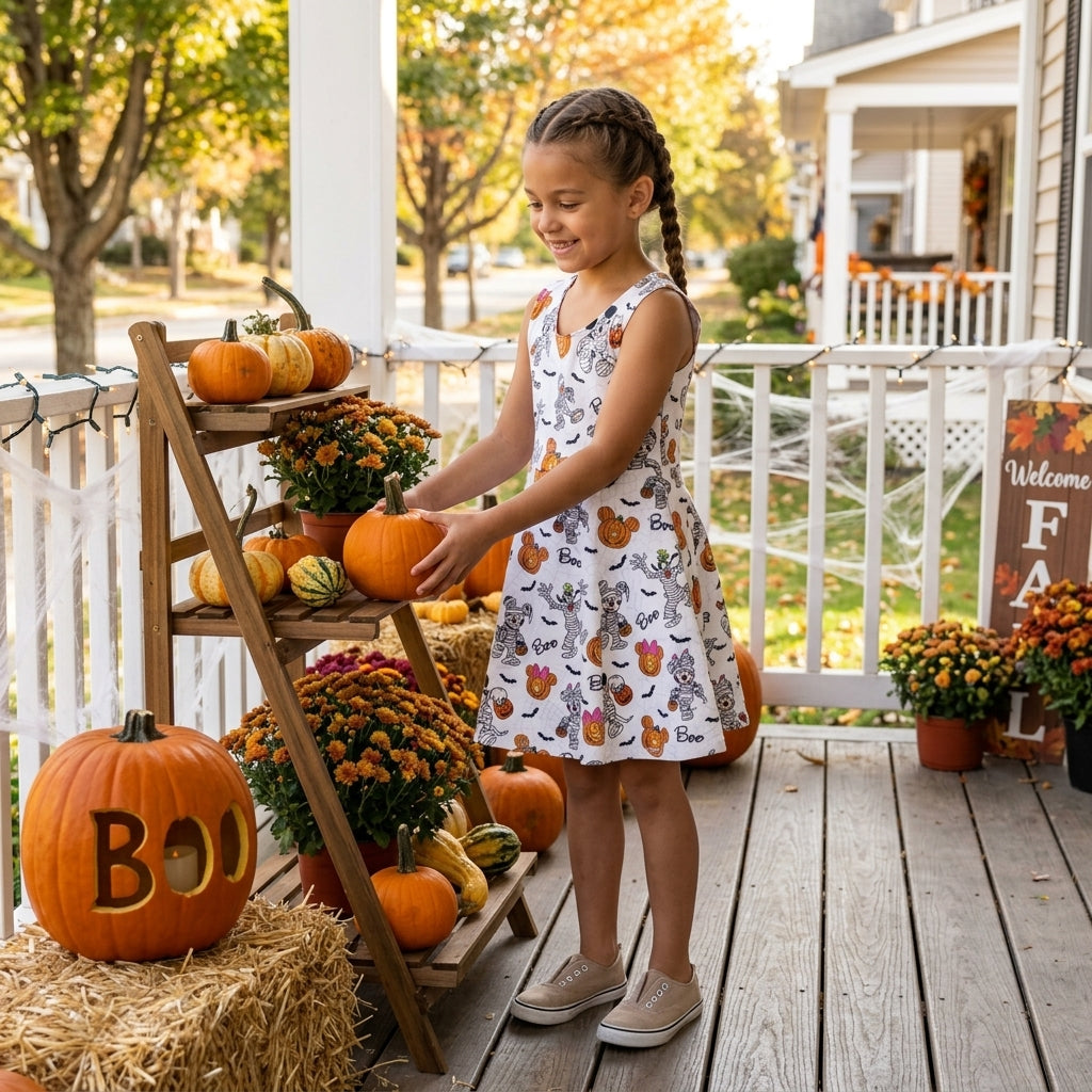 GSD4291 Cartoon Mouse BOO Pumpkin Print Girls Halloween Sleeveless Backless Yoga Dress