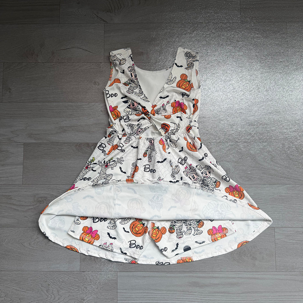 7.21 GSD4291 Preorder Cartoon Mouse BOO Print Girls Halloween Sleeveless Backless Yoga Dress