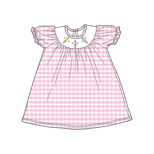 8.15 GSD4307 Preorder Cross Bows Pink Checkered Print Girls Easter Knee Length Dress