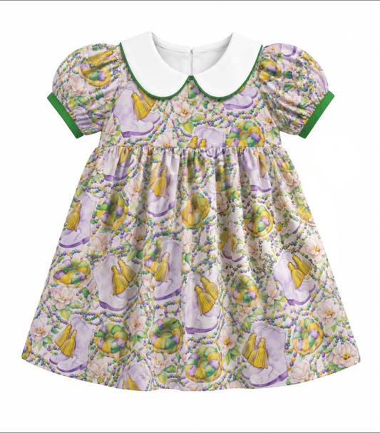 9.2 GSD4315 Preorder Toddler Girls Mardi Gras Boots Peter Pan Collar Dress
