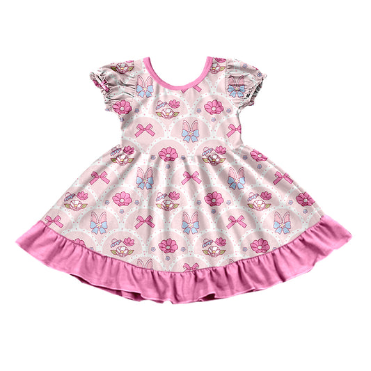 9.4 GSD4319 Preorder Bunny Ears Bows Flowers Print Girls Easter Knee Length Dress