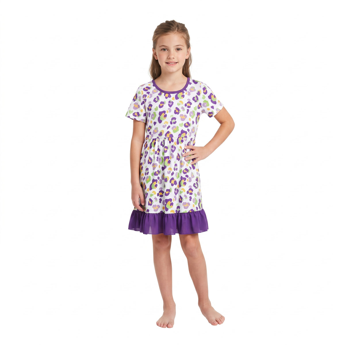 Purple Leopard Print Girls Mardi Gras Knee Length Dress