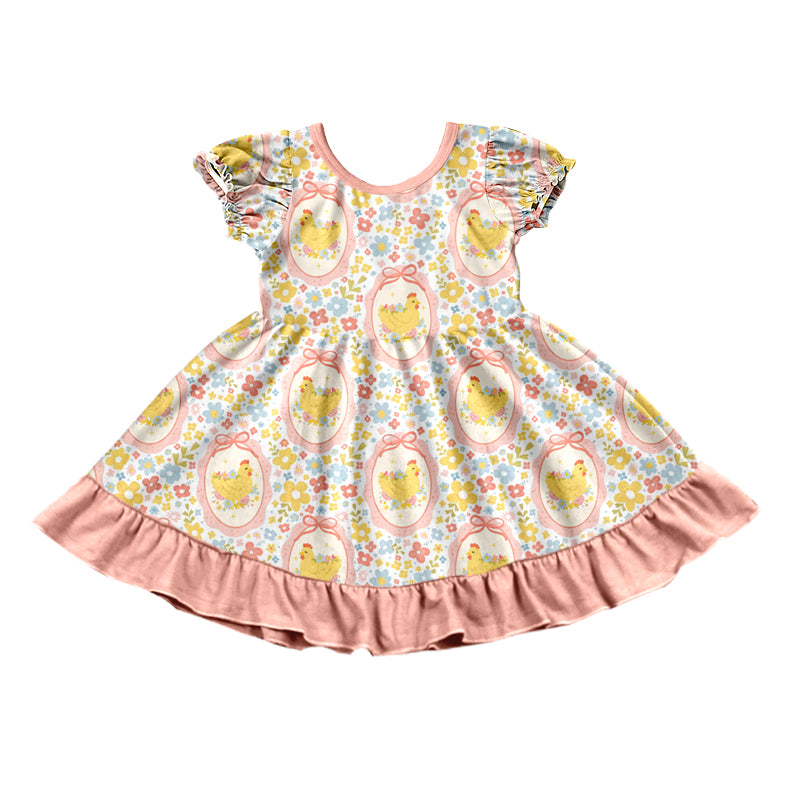 9.25 GSD4326 Preorder  Kids Girls Easter Chicken Floral Short Sleeve Dress